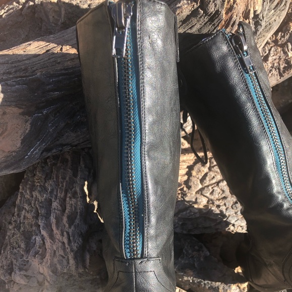 Black Faux Leather Lace-up Combat Moto Boots, w/cool turquoise lined Back Zipper - Picture 3 of 16